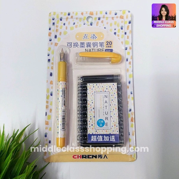 High Quality Cute Students Favourite Yellow Colored Fountain Pen With 20 Long Life Catridges MC798