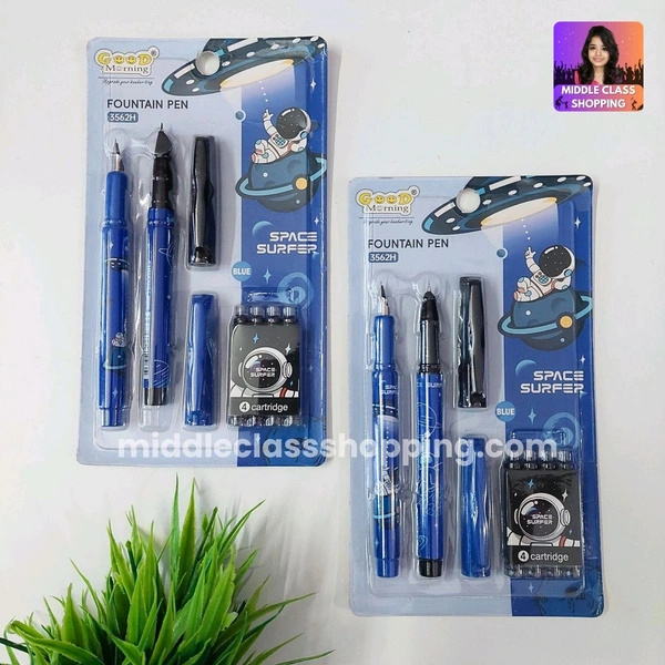 High Quality Cute Students Favourite Space Theme 1 Plus 1 Pens With Dual Type Nib Fountain Pens And  4 Long Life Catridges MC802