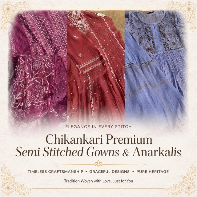 Premium Chikankari Semi Stiched Gown Dupatta & Anarkali Sets