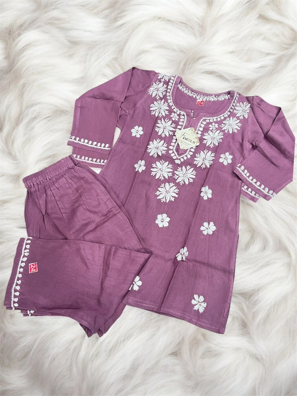 Dark Wine Reyon Chikankari Kids Dress - Dark Wine, 16