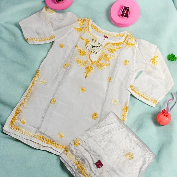 Kids Chikankari Kurti Gharara Set(Yellow) - White, 24