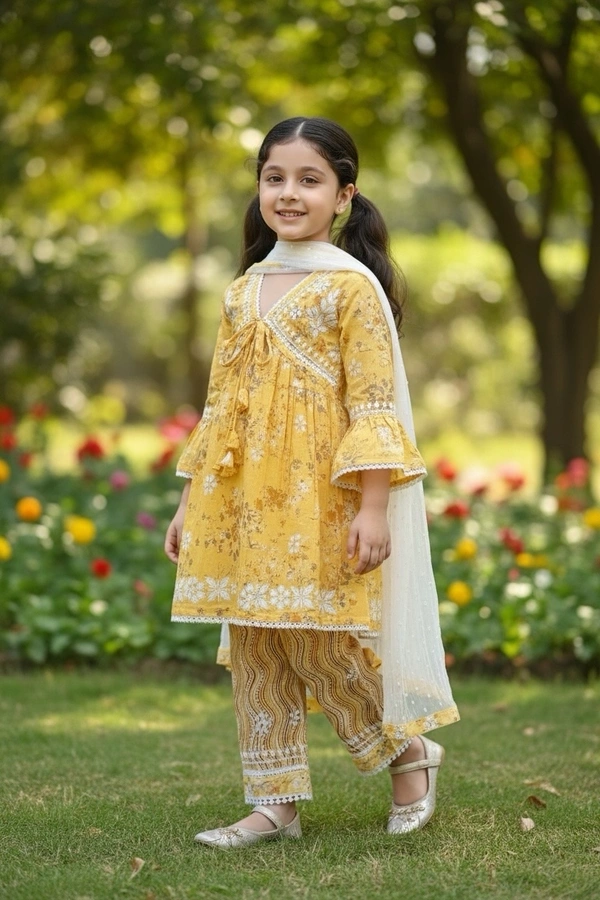 Afshan Tiered Mul Print Kids Chikankari Set -Yellow - 34, Yellow
