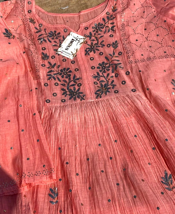 Roohani – Peach Handcrafted Mukaish Gown Set - Semi Stiched - Semi Stiched, Peach