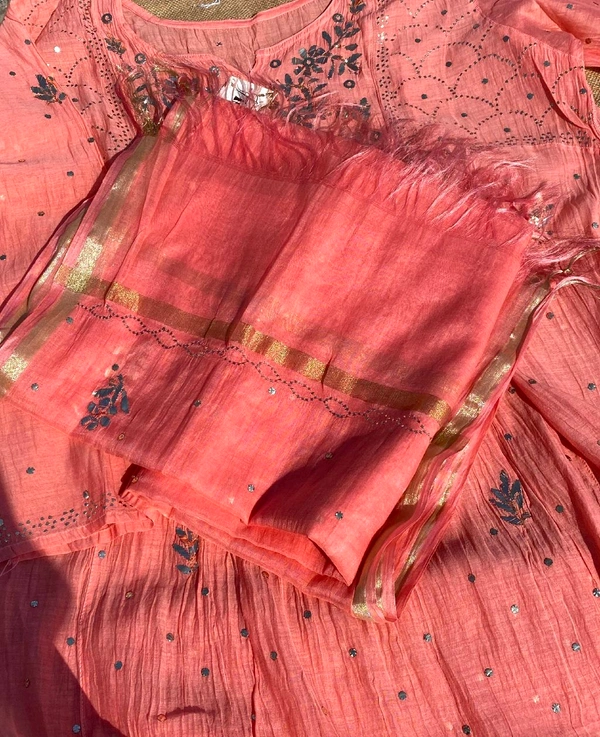 Roohani – Peach Handcrafted Mukaish Gown Set - Semi Stiched - Semi Stiched, Peach