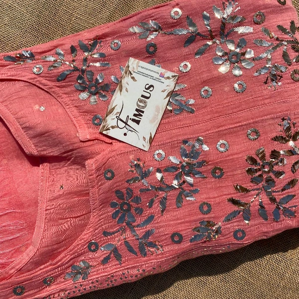 Roohani – Peach Handcrafted Mukaish Gown Set - Semi Stiched - Semi Stiched, Peach