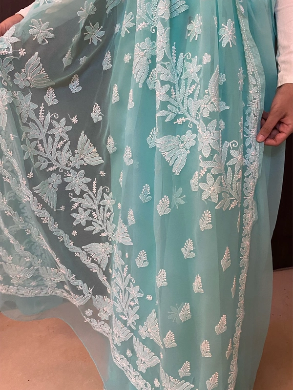 Sea Green Chikankari White Embroidered Saree - Sea Green