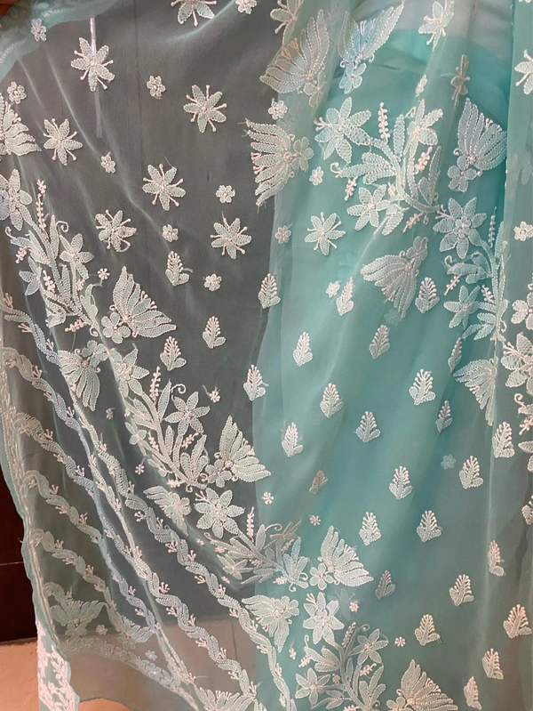 Sea Green Chikankari White Embroidered Saree - Sea Green