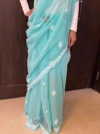 Sea Green Chikankari White Embroidered Saree - Sea Green