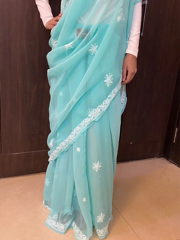 Sea Green Chikankari White Embroidered Saree - Sea Green