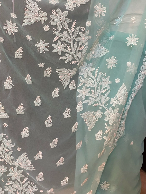Sea Green Chikankari White Embroidered Saree - Sea Green