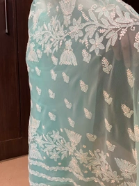 Sea Green Chikankari White Embroidered Saree - Sea Green
