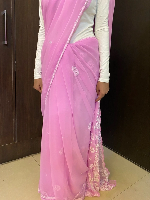 Pink Chikankari White Embroidered Saree - Pink