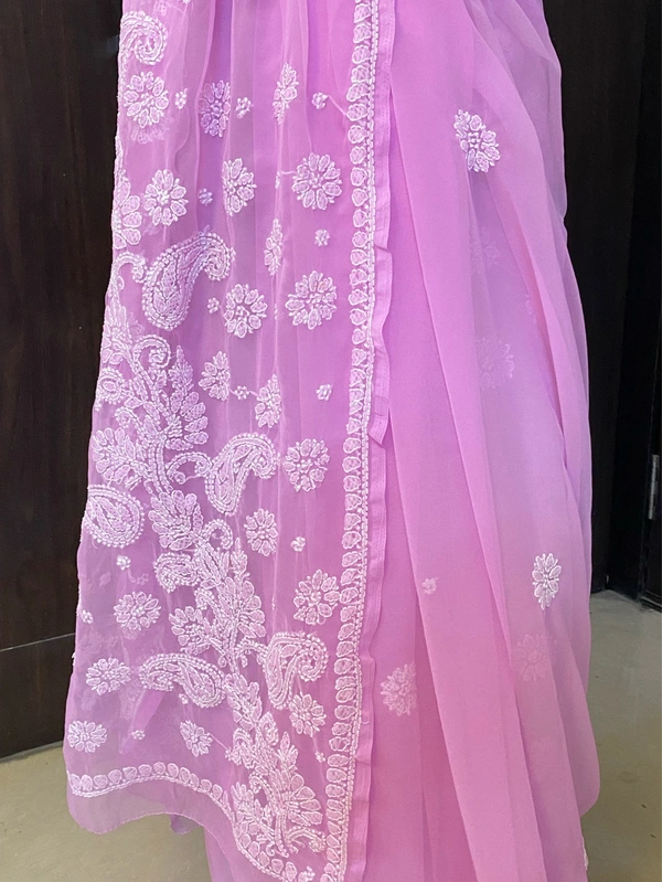 Pink Chikankari White Embroidered Saree - Pink
