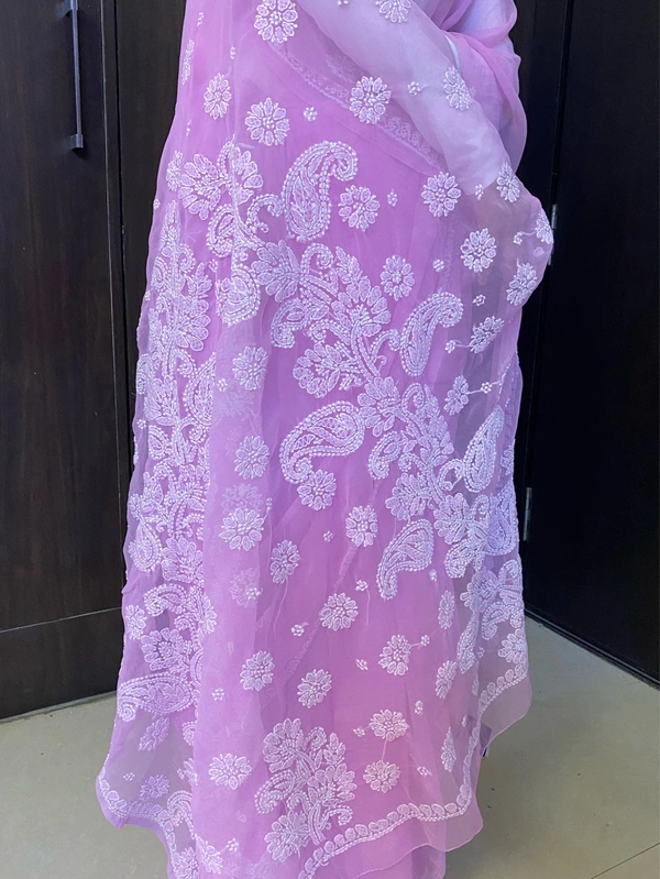 Pink Chikankari White Embroidered Saree - Pink