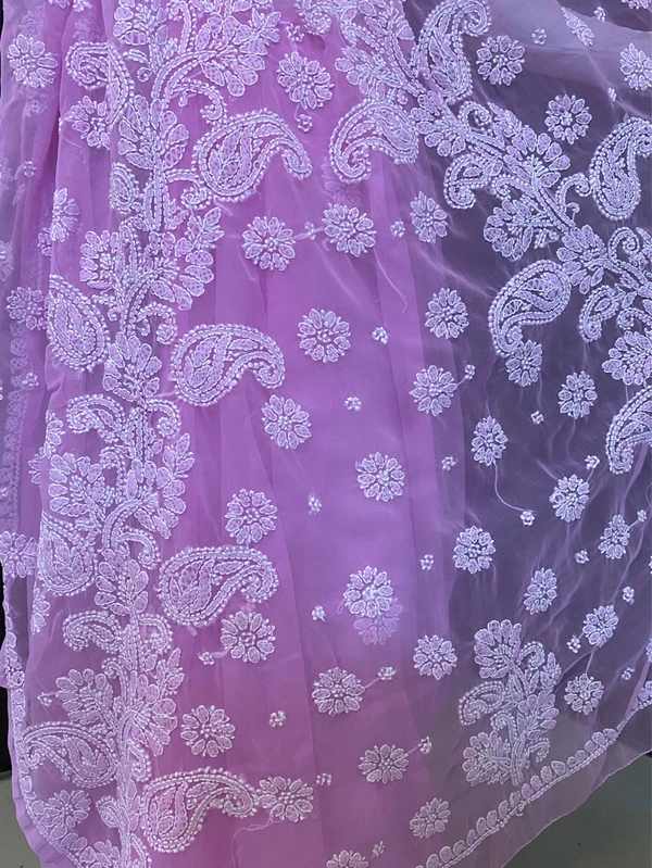 Pink Chikankari White Embroidered Saree - Pink
