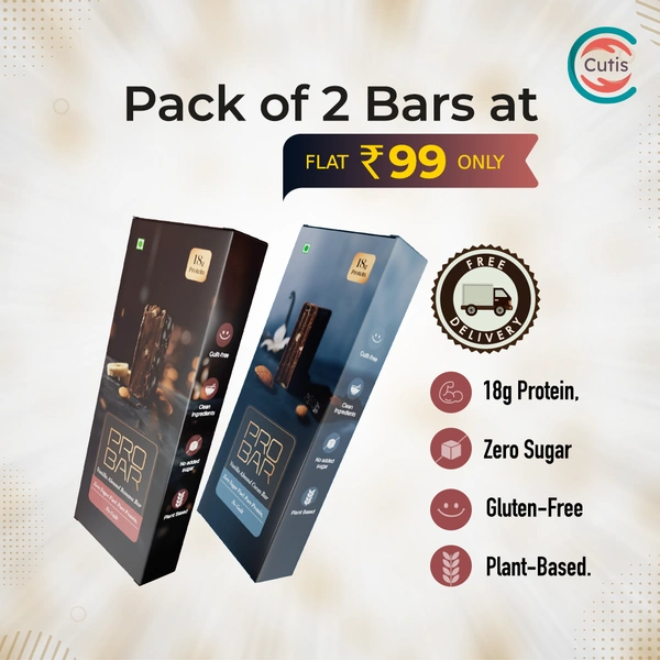 Cutis PRO BAR Pack of 2Each 50g | 18g. Plant-Based Protein | Sugar-Free & Gluten-Free | New Enhanced Taste | Vanilla Almond Banana & Vanilla Almond Cocoa Bars - 50 Grams Each, 2