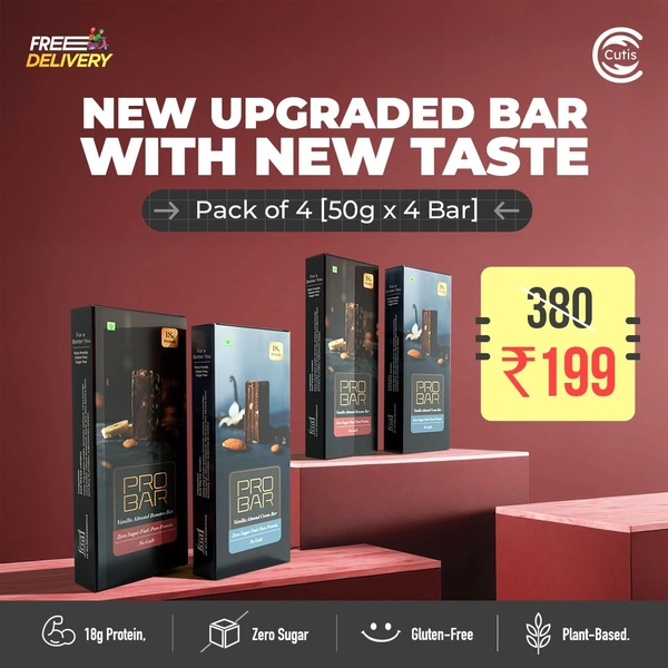 Cutis PRO BAR Pack of 4 Each 50g | 18g. Plant-Based Protein | Sugar-Free & Gluten-Free | New Enhanced Taste | Vanilla Almond Banana & Vanilla Almond Cocoa Bars - 50 Grams Each, 4