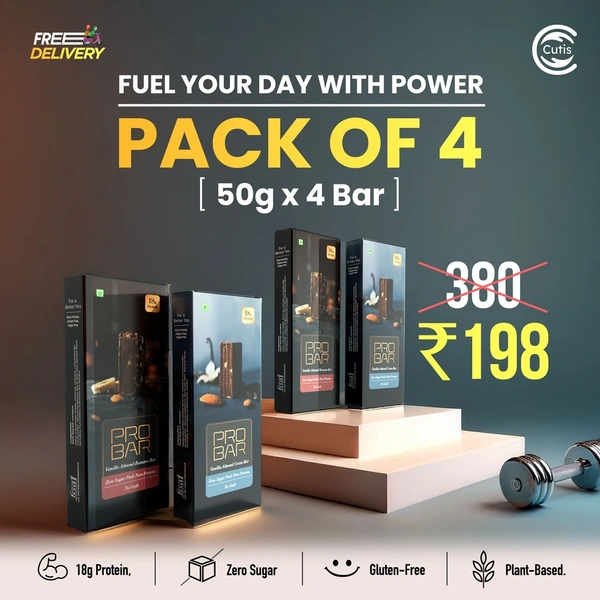 Cutis PRO BAR Pack of 4 Each 50g | 18g. Plant-Based Protein | Sugar-Free & Gluten-Free | New Enhanced Taste | Vanilla Almond Banana & Vanilla Almond Cocoa Bars - 50 Grams Each, 4