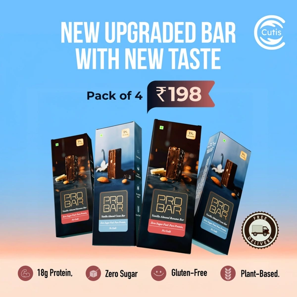 Cutis PRO BAR Pack of 4 Each 50g | 18g. Plant-Based Protein | Sugar-Free & Gluten-Free | New Enhanced Taste | Vanilla Almond Banana & Vanilla Almond Cocoa Bars - 50 Grams Each, 4