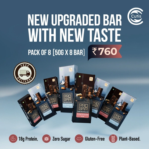 Cutis PRO BAR Pack of 8 Each 50g | 18g Plant-Based Protein | Sugar-Free & Gluten-Free | New Enhanced Taste | Vanilla Almond Banana & Vanilla Almond Cocoa Bars - 50g x 8, 8