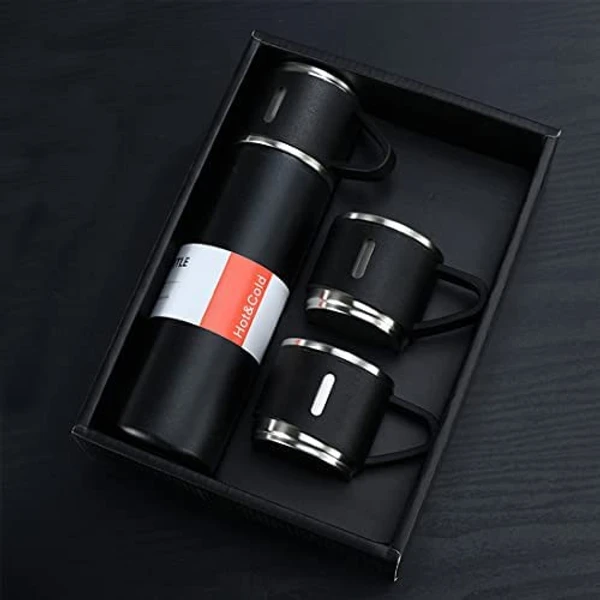Vacuum Flask Set With 3 Cups - Black Color