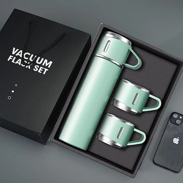 Vacuum Flask Set With 3 Cups - Green Color