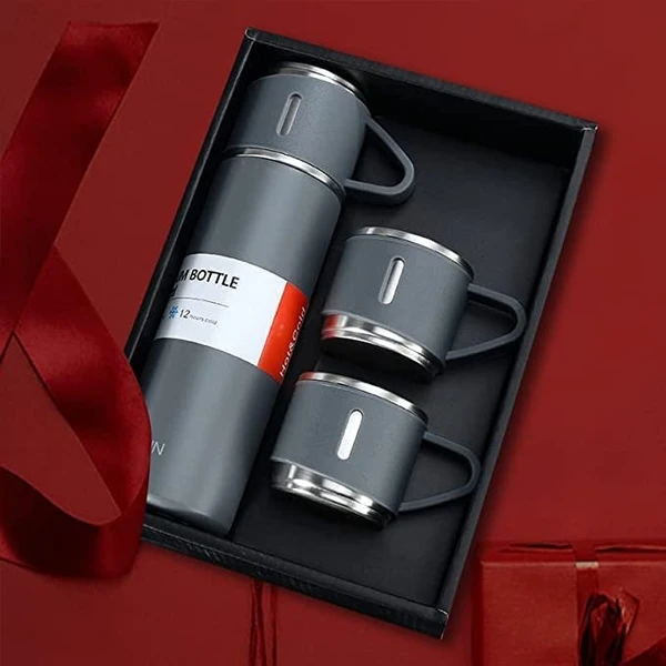 Vacuum Flask Set With 3 Cups - Grey Color