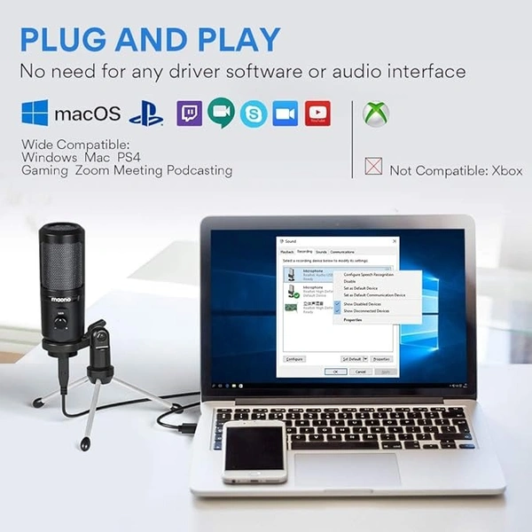 MAONO AU-PM461TR USB Condenser Unidirectional Mic for PC and Singing, Recording Microphone with Mic Gain for Gaming, Podcast, Studio, Vlogging (Black) - Black