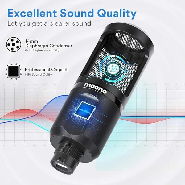 MAONO AU-PM461TR USB Condenser Unidirectional Mic for PC and Singing, Recording Microphone with Mic Gain for Gaming, Podcast, Studio, Vlogging (Black) - Black