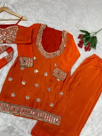 DESI HOOR Women’s Orange Embroidered Kurta Palazzo Set with Dupatta | Festive Ethnic Wear for Women - West Side, M
