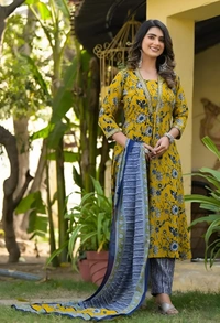 99 Fashion Bazaar Mustard Chanderi Suite Set In Printed With Dupatta - Pear, XXL