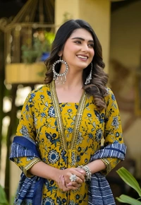 99 Fashion Bazaar Mustard Chanderi Suite Set In Printed With Dupatta - Pear, XXL