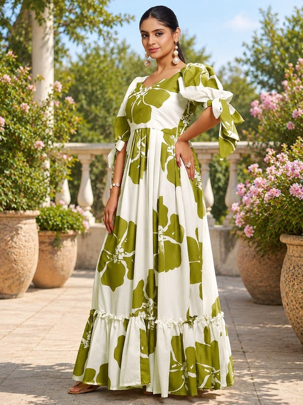 DESIHOOR Women Floral Printed Maxi Dress | Western Long Flared Dress for Women | Casual & Party Wear - Feijoa, L