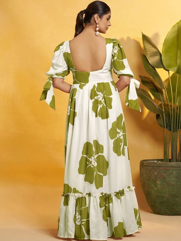 DESIHOOR Women Floral Printed Maxi Dress | Western Long Flared Dress for Women | Casual & Party Wear - Feijoa, M