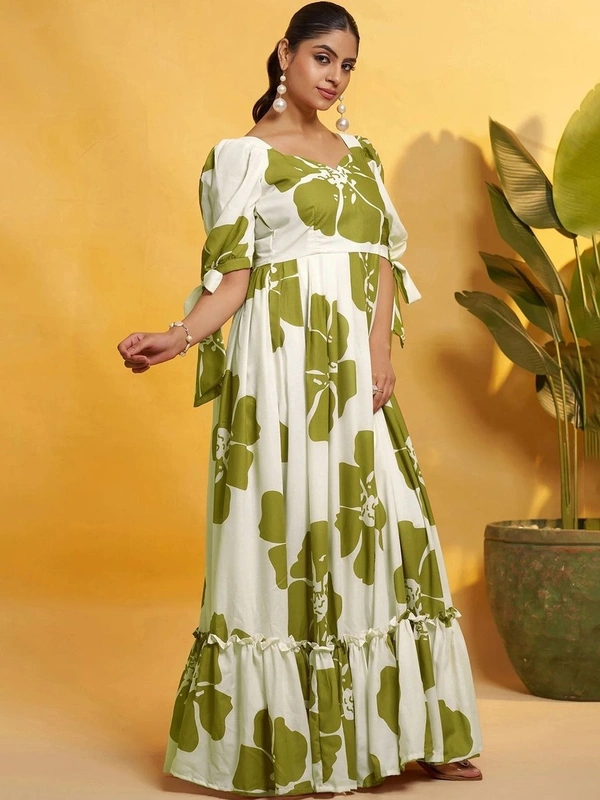 DESIHOOR Women Floral Printed Maxi Dress | Western Long Flared Dress for Women | Casual & Party Wear - Feijoa, XXL