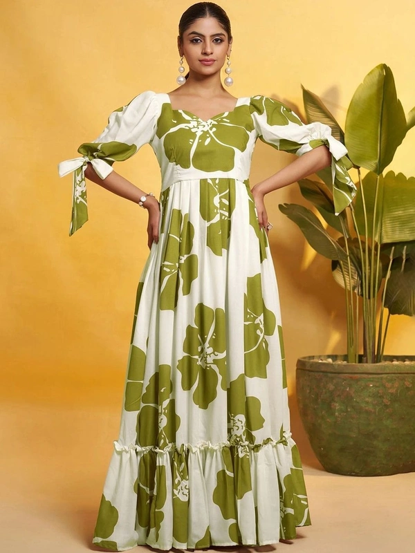DESIHOOR Women Floral Printed Maxi Dress | Western Long Flared Dress for Women | Casual & Party Wear - Feijoa, L