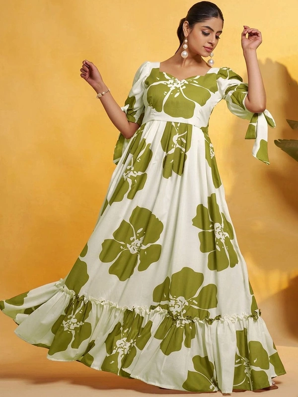 DESIHOOR Women Floral Printed Maxi Dress | Western Long Flared Dress for Women | Casual & Party Wear - Feijoa, XXL