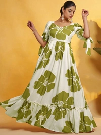 DESIHOOR Women Floral Printed Maxi Dress | Western Long Flared Dress for Women | Casual & Party Wear - Feijoa, M