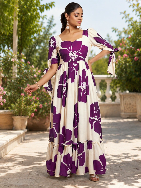 DESIHOOR Women Floral Printed Maxi Dress | Western Long Flared Dress for Women | Casual & Party Wear - Purple Heart, M