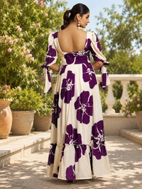 DESIHOOR Women Floral Printed Maxi Dress | Western Long Flared Dress for Women | Casual & Party Wear - Purple Heart, S