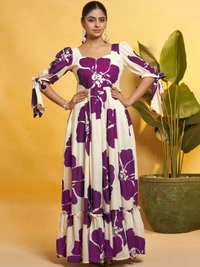 DESIHOOR Women Floral Printed Maxi Dress | Western Long Flared Dress for Women | Casual & Party Wear - Purple Heart, XL