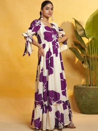 DESIHOOR Women Floral Printed Maxi Dress | Western Long Flared Dress for Women | Casual & Party Wear - Purple Heart, L