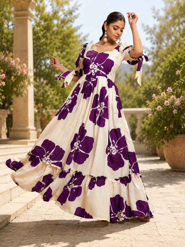 DESIHOOR Women Floral Printed Maxi Dress | Western Long Flared Dress for Women | Casual & Party Wear - Purple Heart, L