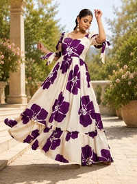 DESIHOOR Women Floral Printed Maxi Dress | Western Long Flared Dress for Women | Casual & Party Wear - Purple Heart, S