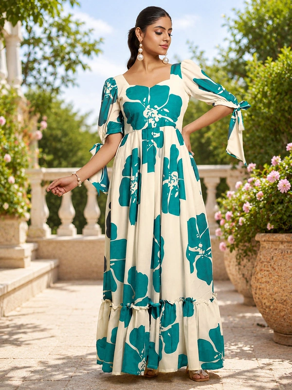 DESIHOOR Women Floral Printed Maxi Dress | Western Long Flared Dress for Women | Casual & Party Wear - Bright Turquoise, S