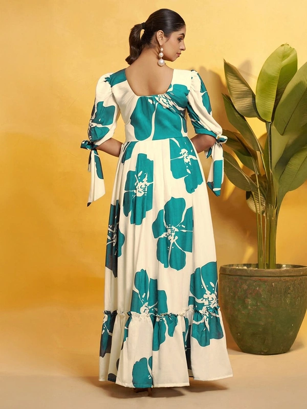 DESIHOOR Women Floral Printed Maxi Dress | Western Long Flared Dress for Women | Casual & Party Wear - Bright Turquoise, S