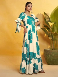 DESIHOOR Women Floral Printed Maxi Dress | Western Long Flared Dress for Women | Casual & Party Wear - Bright Turquoise, S