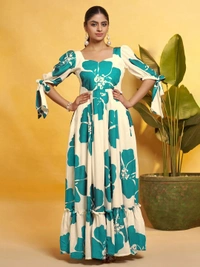 DESIHOOR Women Floral Printed Maxi Dress | Western Long Flared Dress for Women | Casual & Party Wear - Bright Turquoise, S