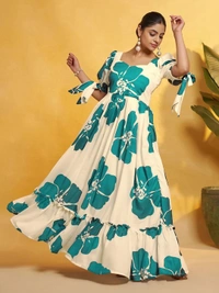 DESIHOOR Women Floral Printed Maxi Dress | Western Long Flared Dress for Women | Casual & Party Wear - Bright Turquoise, S