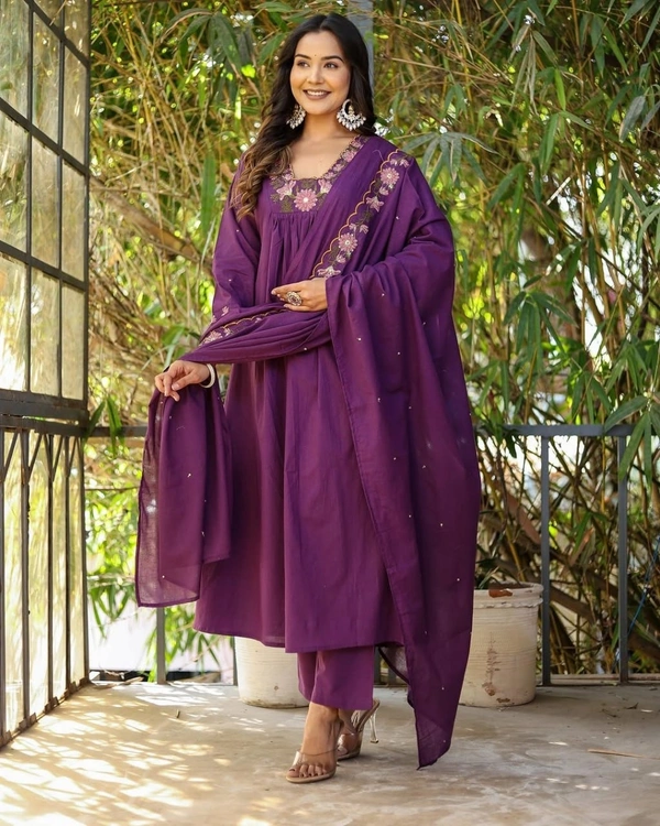 DESIHOOR Women’s Embroidered Kurta Set with Dupatta | Purple Rayon Slub | Festive & Party Wear - Cherry Pie, M